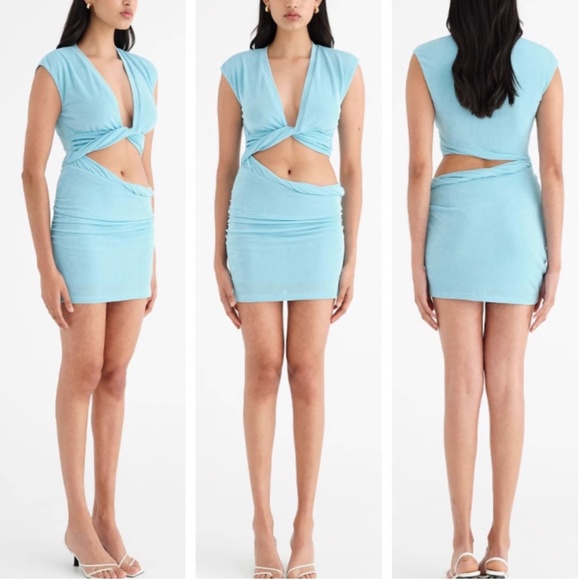 ✨ SALE✨ BENNI Henri Twist Mini Dress - Aquamarine Blue Soft Vacation Causal - Picture 2 of 8